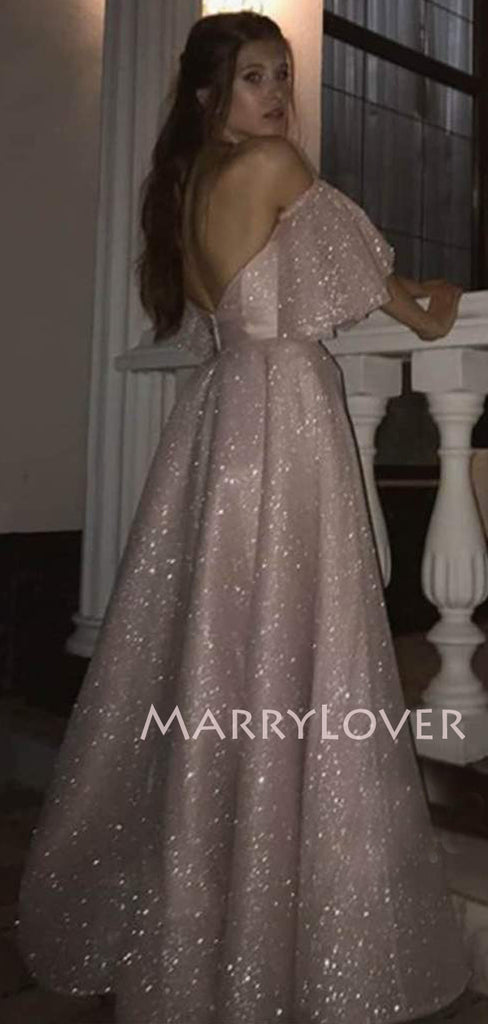 Off Shoulder A-Line Pink Backless Sparkly Side Slit Long Evening Prom Dresses, MR7324