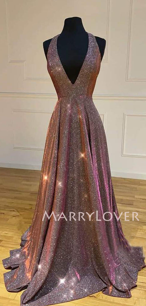Deep V Neck A-Line Sparkle Long Evening Prom Dresses, Cheap Custom Prom Dresses,MR7330