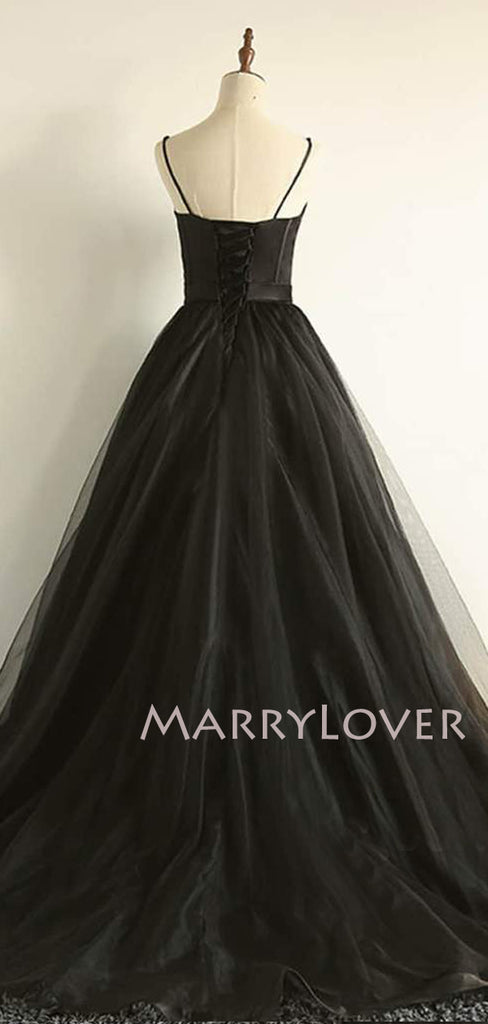 Black Tulle A-Line Cheap Long Evening Prom Dresses, Custom Prom Dress, MR7331