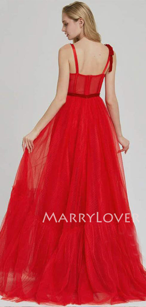 Red Tulle Beaded Straps A-Line Long Evening Prom Dresses, MR7340