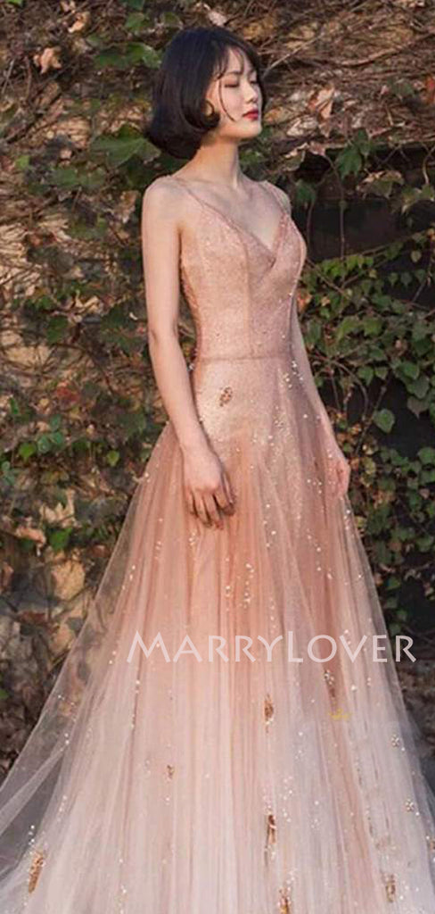 Beaded Straps Tulle A-Line Spaghetti Straps Long Evening Prom Dresses, MR7346