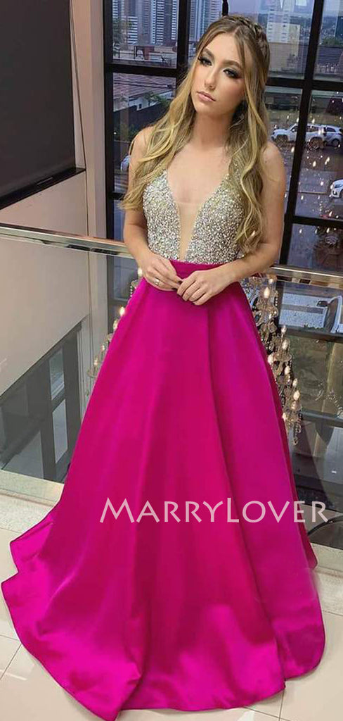 Fuchsia Satin Beaded A-Line Long Evening Prom Dresses, Cheap Custom Backless Prom Dresses, MR7353