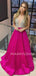 Fuchsia Satin Beaded A-Line Long Evening Prom Dresses, Cheap Custom Backless Prom Dresses, MR7353