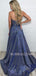 Dusty Blue V Neck A-Line Side Slit Long Evening Prom Dresses, Cheap Custom Prom Dress, MR7377
