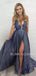 Dusty Blue V Neck A-Line Side Slit Long Evening Prom Dresses, Cheap Custom Prom Dress, MR7377