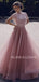 Dusty Pink Tulle Beaded A-Line Long Evening Prom Dresses, MR7381