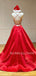 Red Satin V Neck Backless A-line Long Evening Prom Dresses, Cheap Custom prom dresses, MR7383