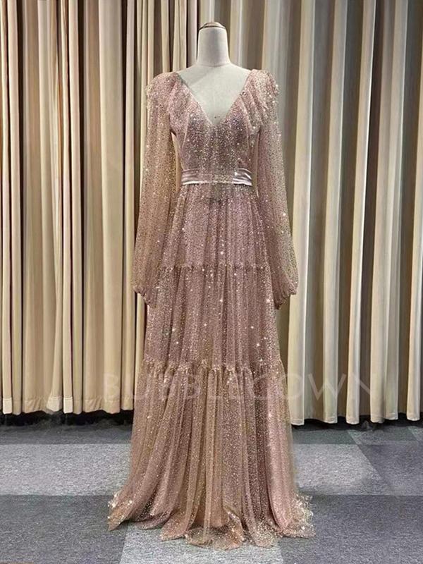 See Throuth Golden Long Sleeves V Neck Long Evening Prom Dresses, Cheap Custom Prom Dresses, MR7391
