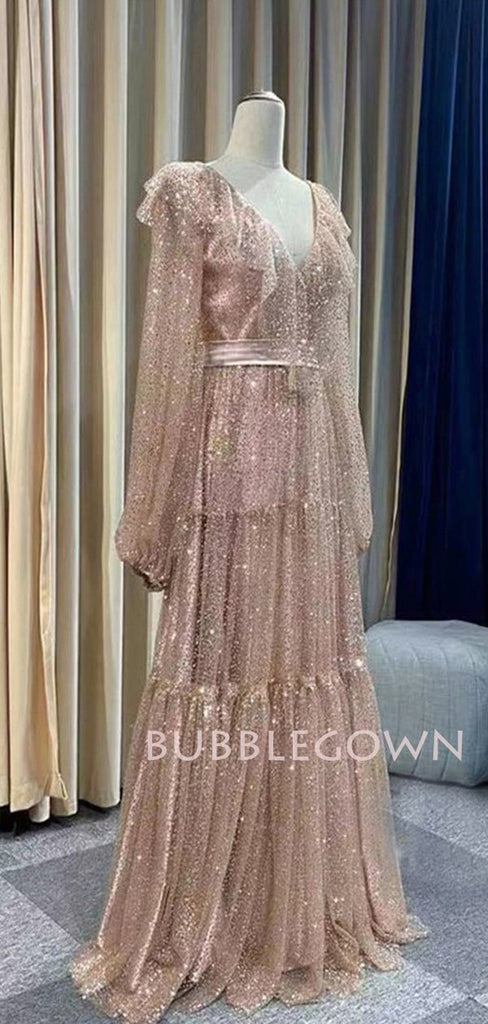 See Throuth Golden Long Sleeves V Neck Long Evening Prom Dresses, Cheap Custom Prom Dresses, MR7391