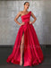 One Shoulder Red Satin A-Line Side Slit Long Backless Evening Prom Dresses, Cheap Custom prom dresses, MR7396