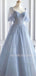 See Throuth A-line Sweetheart Dusty Blue Tulle Beaded Long Sleeves Formal Long Evening Prom Dresses, Cheap Custom Prom Dresses, MR7408
