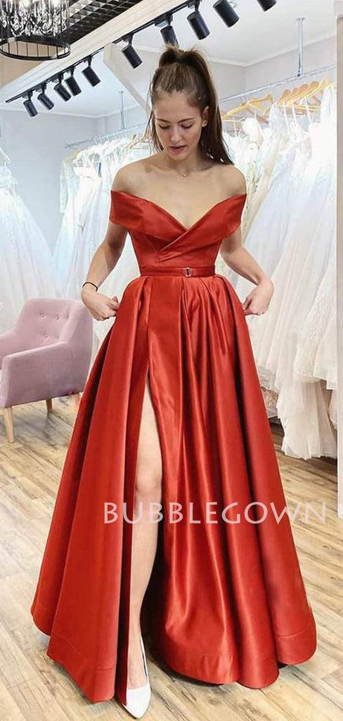Orange Satin Off Shoulder Side Slit Long A-line Evening Prom Dresses, Cheap Custom prom dresses, MR7435