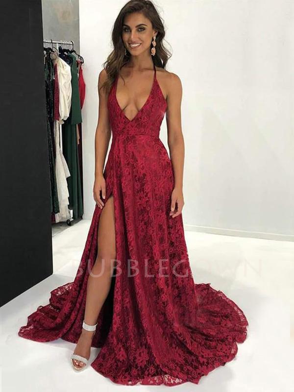 Burgundy Lace Spaghetti Straps V Neck Backless Long Evening Prom Dresses, Cheap Custom Prom Dresses, MR7440
