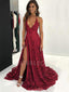 Burgundy Lace Spaghetti Straps V Neck Backless Long Evening Prom Dresses, Cheap Custom Prom Dresses, MR7440