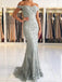 Off Shoulder Grey Lace Mermaid Beaded Long Evening Prom Dresses, MR7445