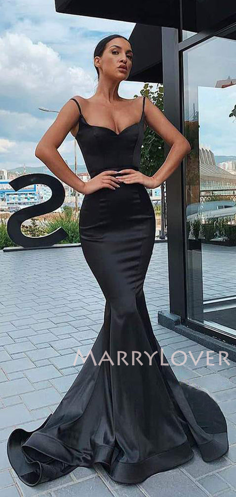 Black Satin Spaghetti Straps Mermaid Long Evening Prom Dresses, Cheap Custom Prom Dresses, MR7510