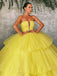 Deep V Neck Ball Gown Yellow Tulle Strapless Long Evening Prom Dresses, Cheap Custom Prom Dresses, MR7514