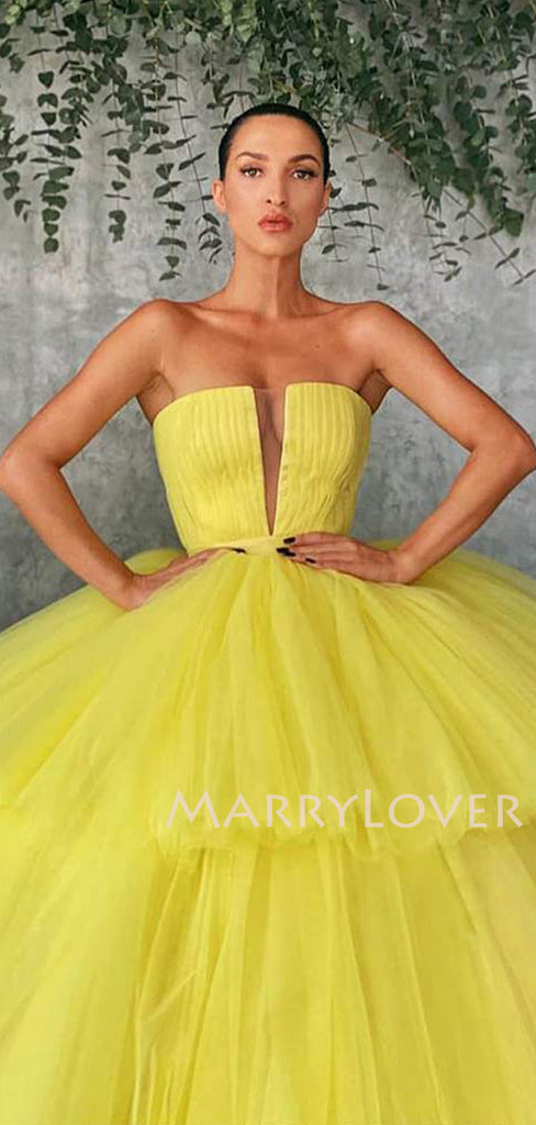 Deep V Neck Ball Gown Yellow Tulle Strapless Long Evening Prom Dresses, Cheap Custom Prom Dresses, MR7514