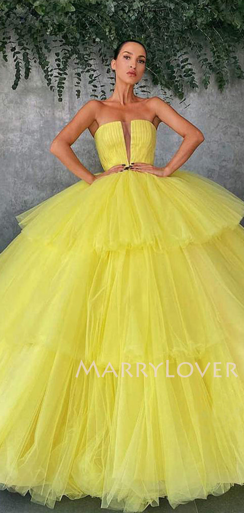 Deep V Neck Ball Gown Yellow Tulle Strapless Long Evening Prom Dresses, Cheap Custom Prom Dresses, MR7514