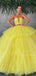 Deep V Neck Ball Gown Yellow Tulle Strapless Long Evening Prom Dresses, Cheap Custom Prom Dresses, MR7514