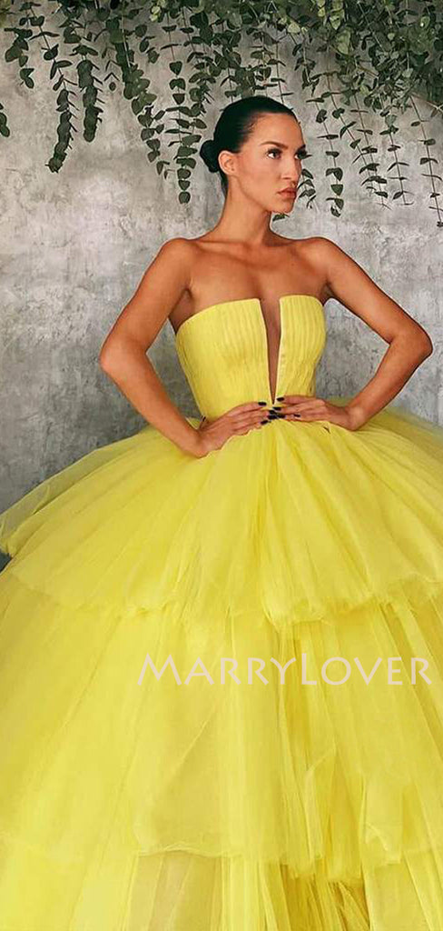 Deep V Neck Ball Gown Yellow Tulle Strapless Long Evening Prom Dresses, Cheap Custom Prom Dresses, MR7514