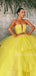 Deep V Neck Ball Gown Yellow Tulle Strapless Long Evening Prom Dresses, Cheap Custom Prom Dresses, MR7514