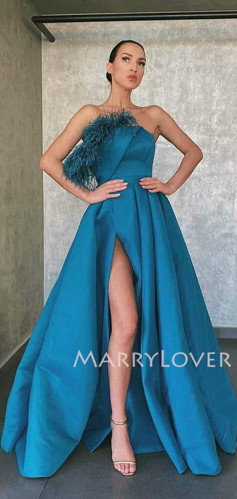 A-line Satin Side Slit Long Strapless Evening Prom Dresses, Cheap Custom Prom Dresses, MR7515