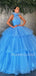 Ball Gown Sky Blue Tulle High Neck Long Evening Prom Dresses, Cheap Custom Prom Dresses, MR7521