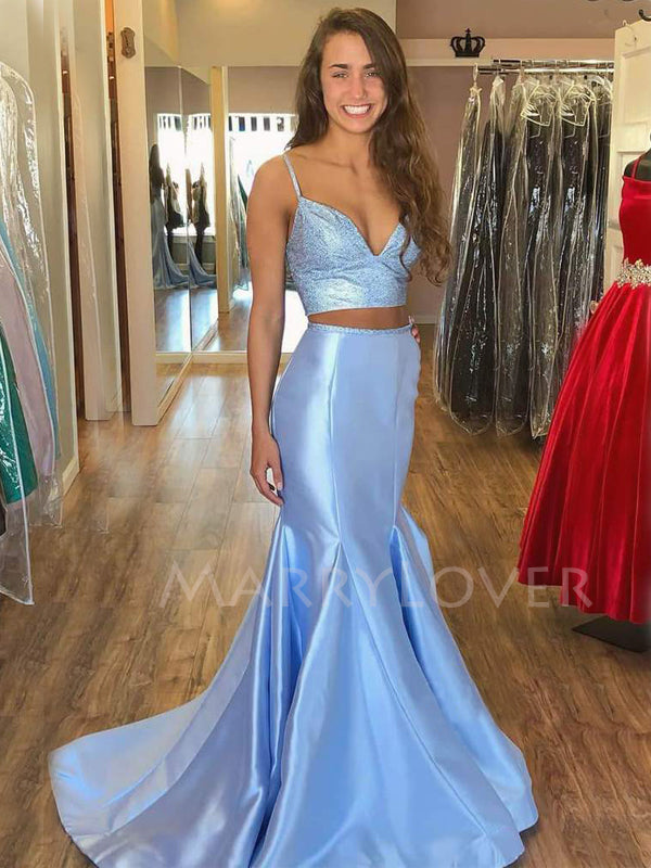 Two Pieces Blue Satin Mermaid Beaded Long Evening Prom Dresses, Cheap Custom Prom Dress, MR7530