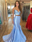 Two Pieces Blue Satin Mermaid Beaded Long Evening Prom Dresses, Cheap Custom Prom Dress, MR7530