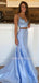 Two Pieces Blue Satin Mermaid Beaded Long Evening Prom Dresses, Cheap Custom Prom Dress, MR7530