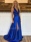 A-line Elastic satin Deep V Neck side Slit Long Evening Prom Dresses, Cheap Custom Prom Dresses, MR7531