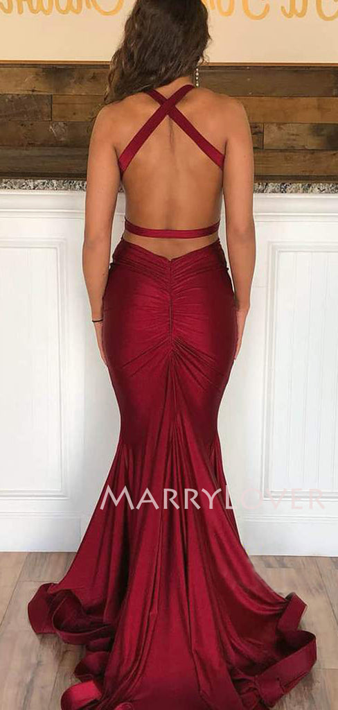 V Neck Bugundy Elastic Satin Mermaid Long Backless Evening Prom Dresses, Cheap Custom Prom Dresses, MR7536