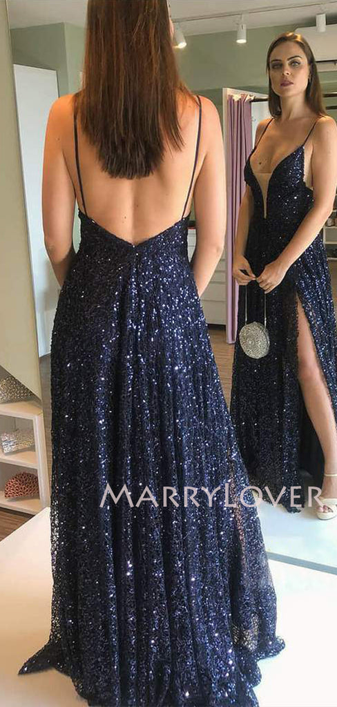 Navy Blue Sequin A-Line V Neck Spaghetti Straps Sparkly Long Evening Prom Dresses, Cheap Custom Prom Dresses, MR7543
