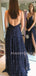 Navy Blue Sequin A-Line V Neck Spaghetti Straps Sparkly Long Evening Prom Dresses, Cheap Custom Prom Dresses, MR7543