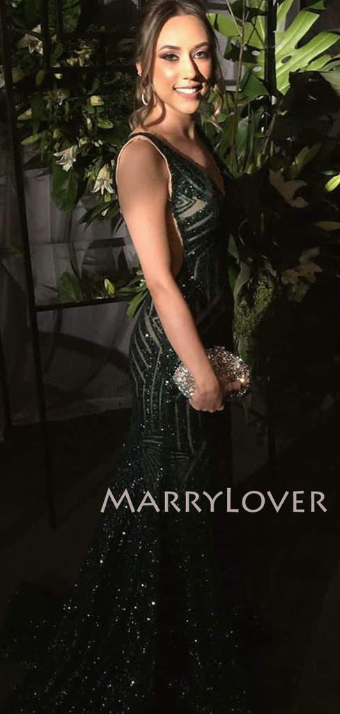 Green Sequin Mermaid V Neck Long Evening Prom Dresses, Cheap Custom Prom Dresses, MR7544