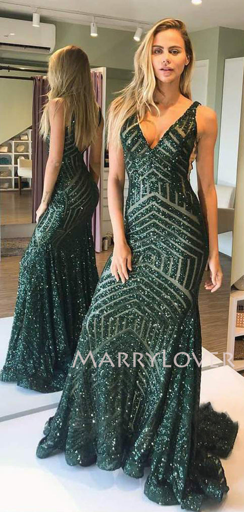 Green Sequin Mermaid V Neck Long Evening Prom Dresses, Cheap Custom Prom Dresses, MR7544