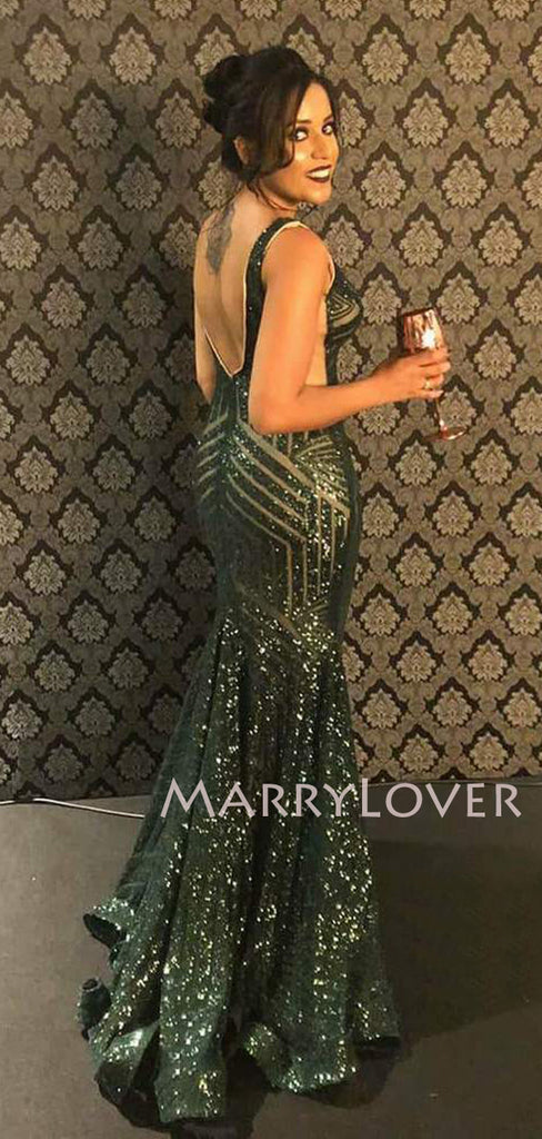 Green Sequin Mermaid V Neck Long Evening Prom Dresses, Cheap Custom Prom Dresses, MR7544