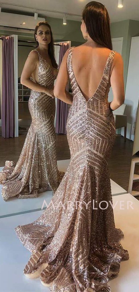 Green Sequin Mermaid V Neck Long Evening Prom Dresses, Cheap Custom Prom Dresses, MR7544