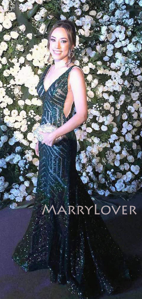 Green Sequin Mermaid V Neck Long Evening Prom Dresses, Cheap Custom Prom Dresses, MR7544