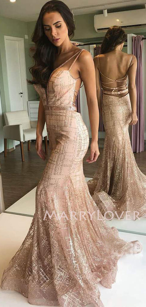 Mermaid Spaghetti Straps backless Long Evening Prom Dresses, Cheap Custom Prom Dress, MR7548