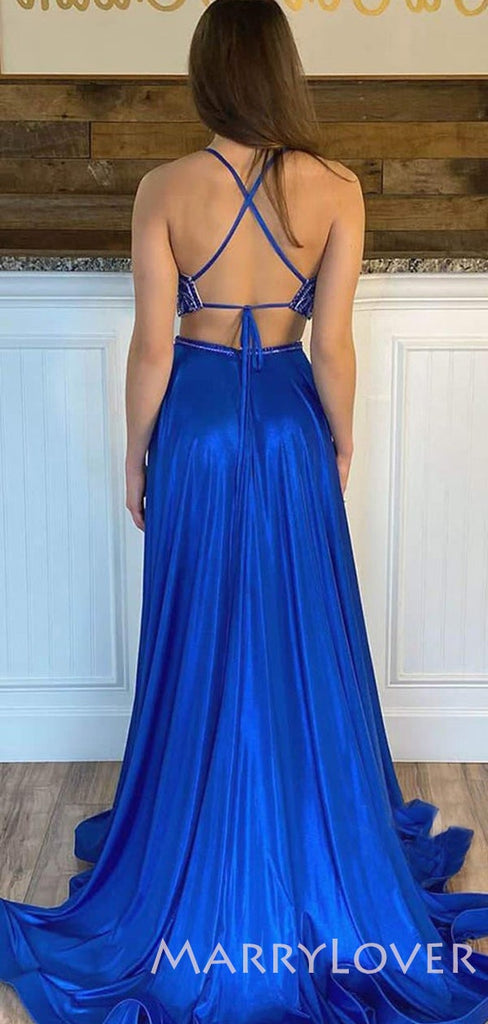 Two Pieces Royal Blue Satin appliques Long Evening Prom Dresses, Cheap Custom Prom Dress, MR7932