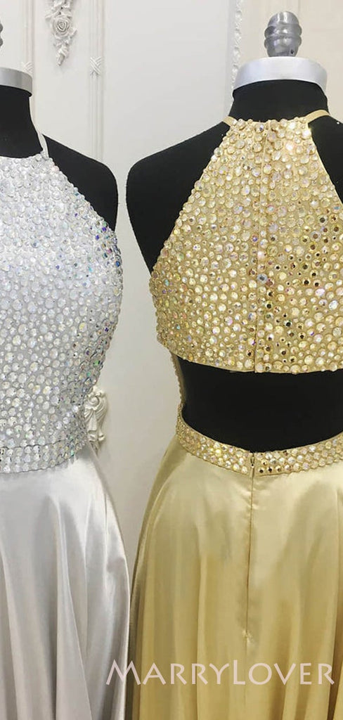 A-line Gold/silver Satin Beaded Halter Long Evening Prom Dresses, Cheap Custom prom dresses, MR7935