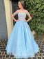 Sky Blue Organza Beaded A-line Long Evening Prom Dresses, Cheap Sweet Prom dresses, MR7971