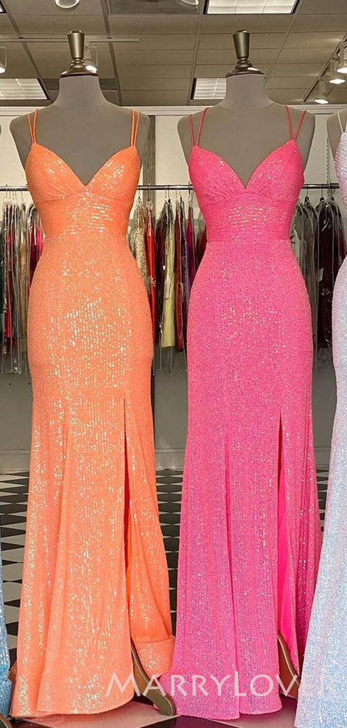 Mermaid Spaghetti Straps Sequin Long Sparkly Evening Prom Dresses, MR8025