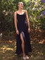 A-line Black Satin Side Slit Long Evening Prom Dresses, Custom Prom Dress, MR8696