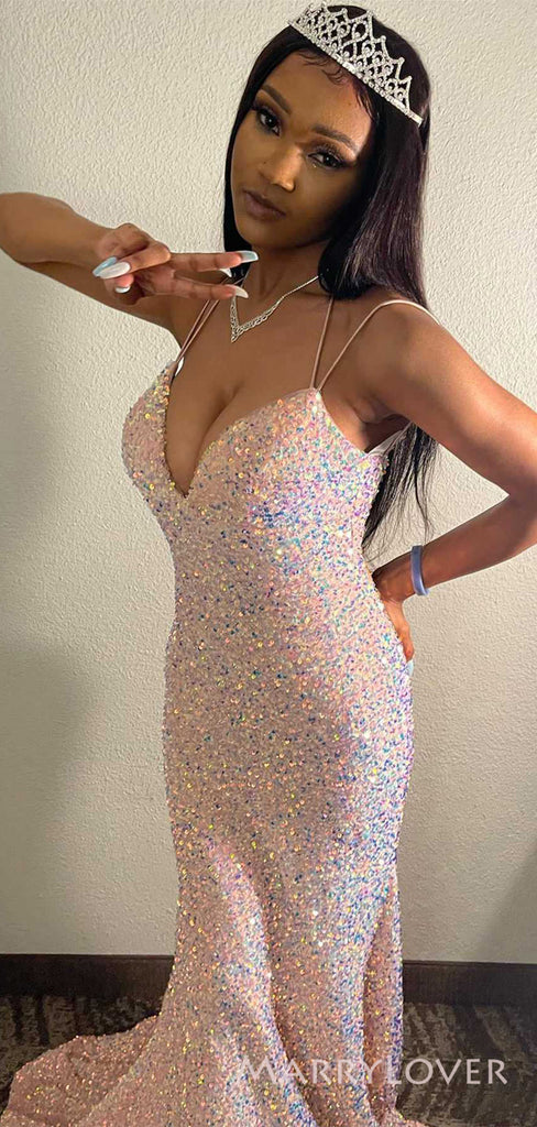 Popular Sequins Mermaid Spaghetti Straps Long Evening Prom Dresses, Custom Prom Dress, MR8762