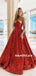 Strapless V-neck Sleeveless Shining Long Red Sequins Prom Dresses , PD0591