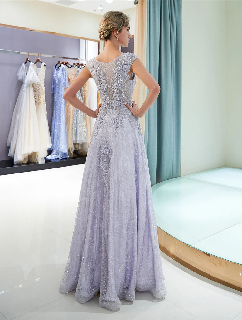A-line Round Neck Cap-sleeves Appliques Sparkly Prom Dresses, PD0618
