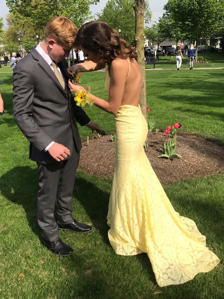Mermaid Halter Backless Full Yellow Lace Beading Prom Dresses, PD0620